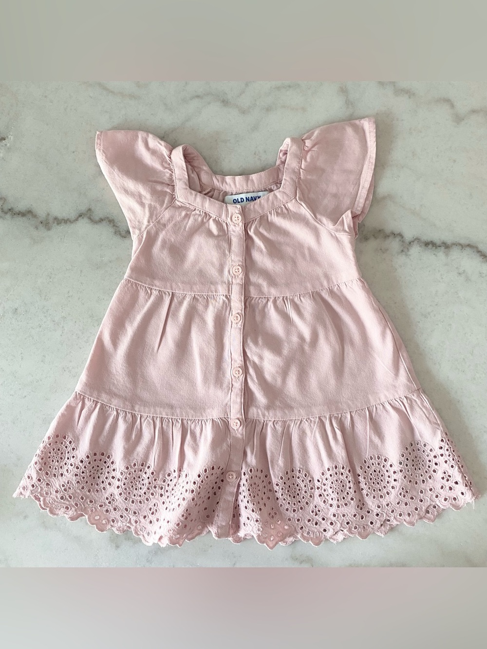 Old Navy Pink Eyelet Flutter Dress Button Closures Baby Girls Sz 12-18 Months